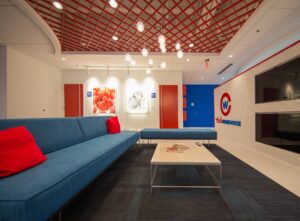 Blue Sofa Red Accent Pillows