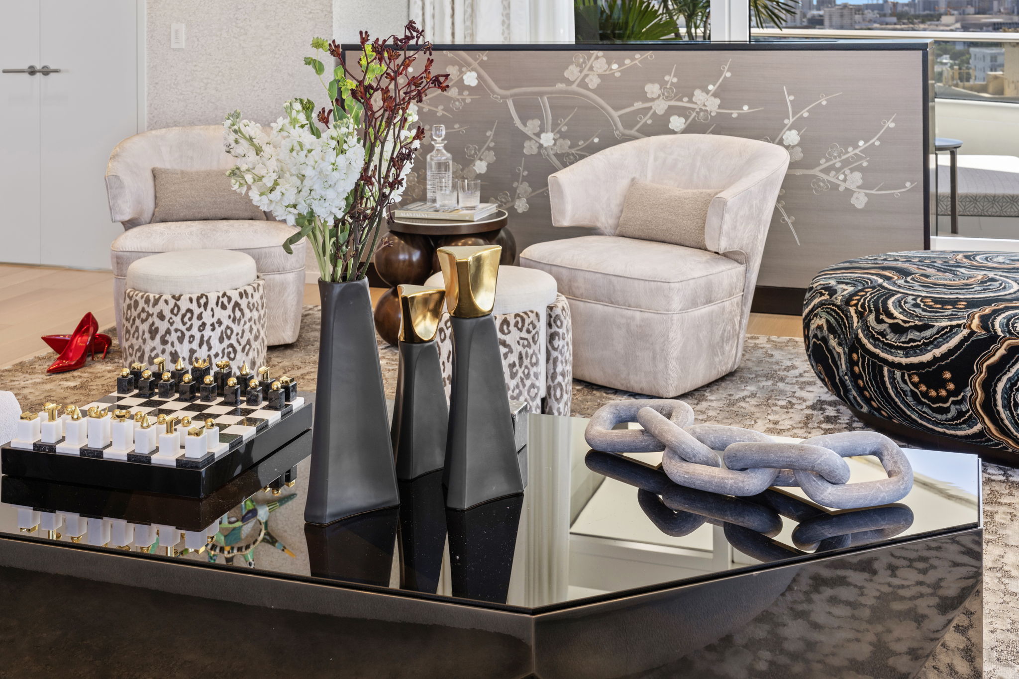 Dark Glass Black Coffee Table With Chess Board