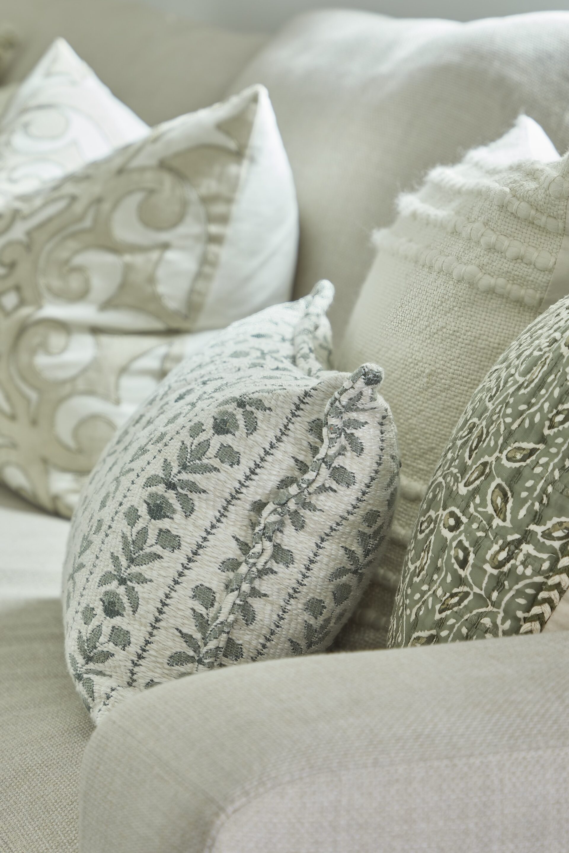 Embroidered Accent Pillows On Light Sofa