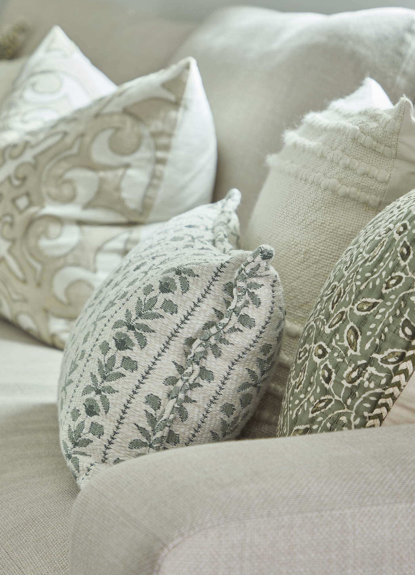 Embroidered Accent Pillows On Light Sofa