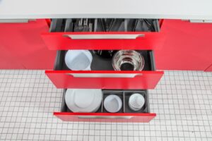 Red Drawers With Plates Silverware