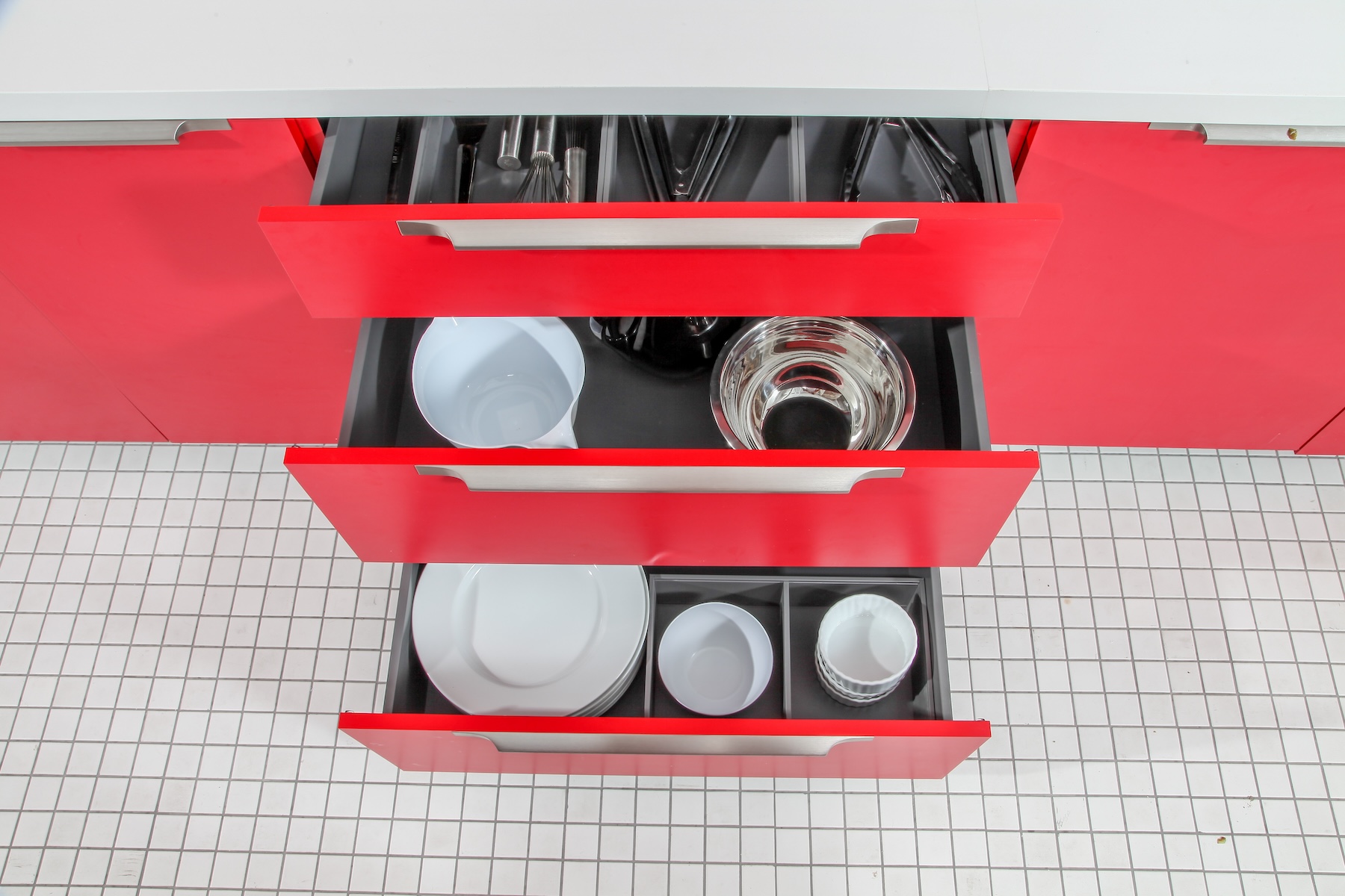 Red Drawers With Plates Silverware