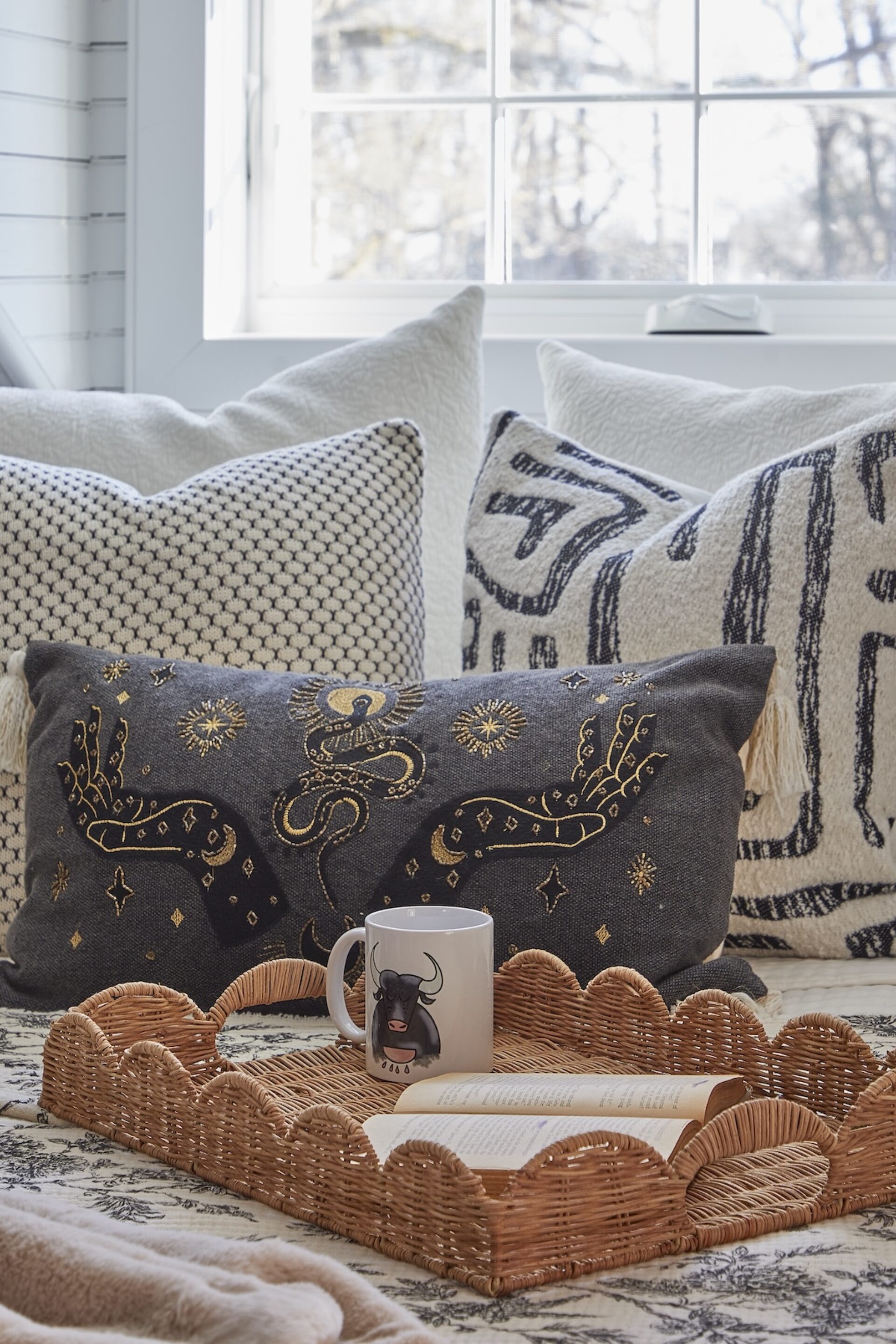 Wicker Tray On Bed With Mug