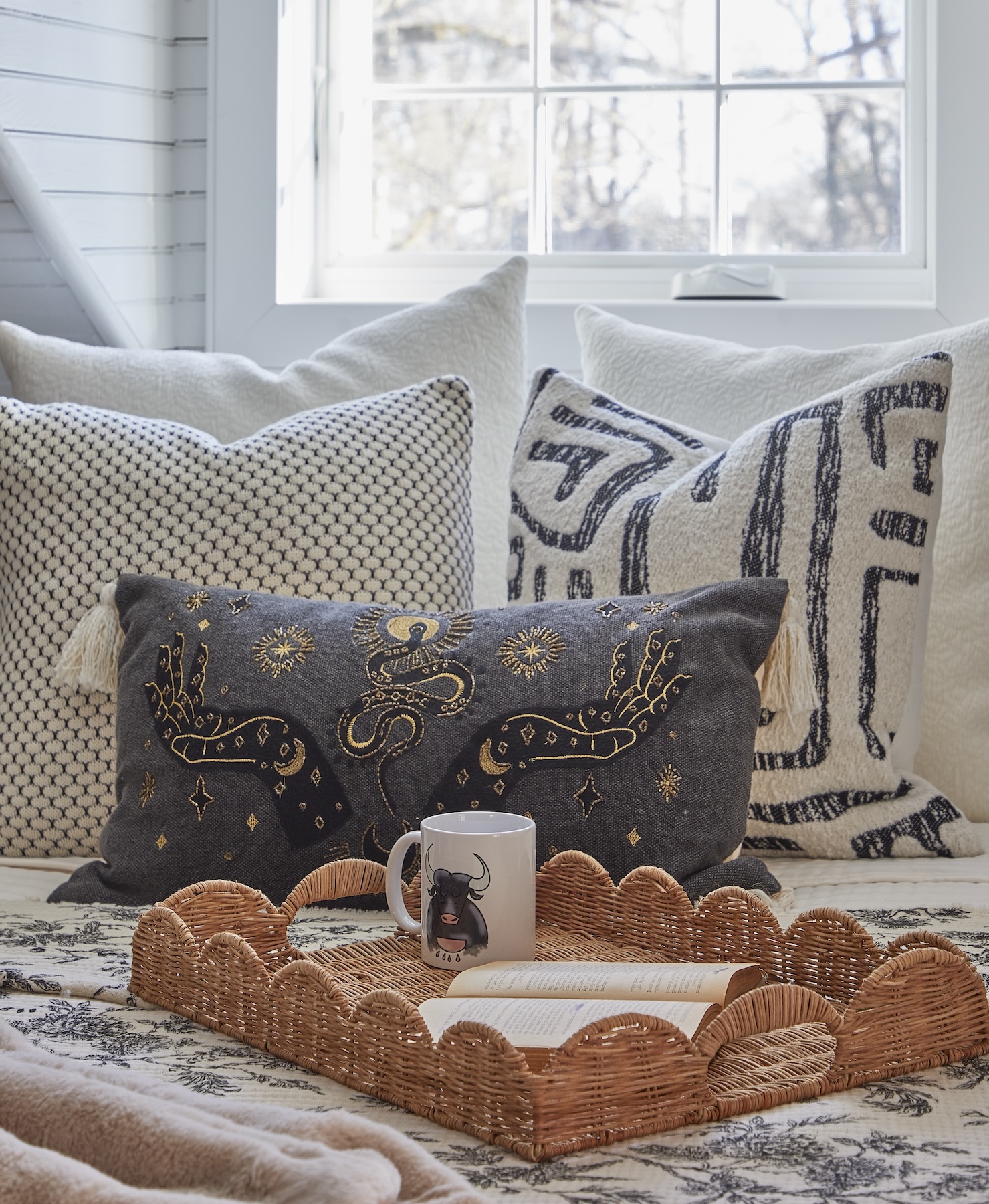 Wicker Tray On Bed With Mug